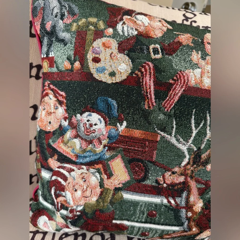 Vintage Holiday Tapestry Pillow - Multicolor Santa’s Toy Workshop Elves
